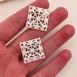 Vintage White Filagree Spring Ballet Cottage Coquette Bridal Clip On Earrings